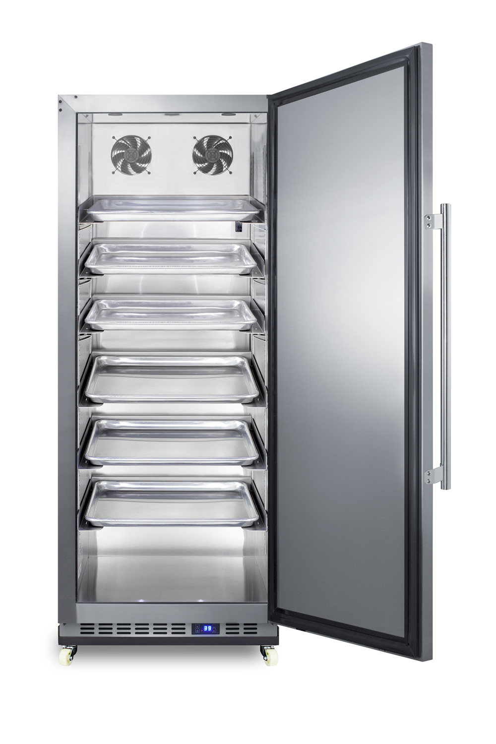 10.1 cu.ft. commercial all-refrigerator with stainless steel interior and exterior, digital thermostat, sheet pans and adjustable tray supports, chrome shelves, lock, automatic defrost operation, and removable dolly